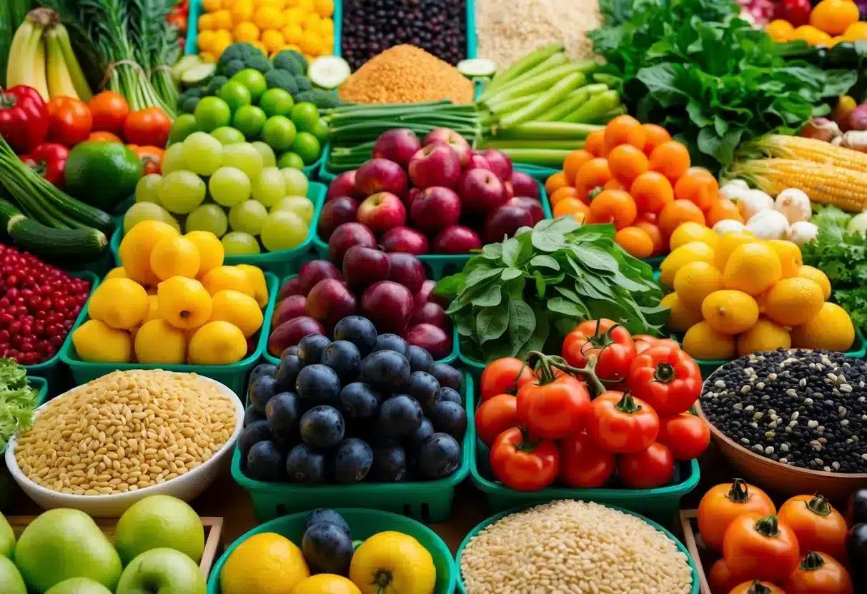 A colorful array of fresh fruits, vegetables, grains, and legumes arranged in a bountiful display