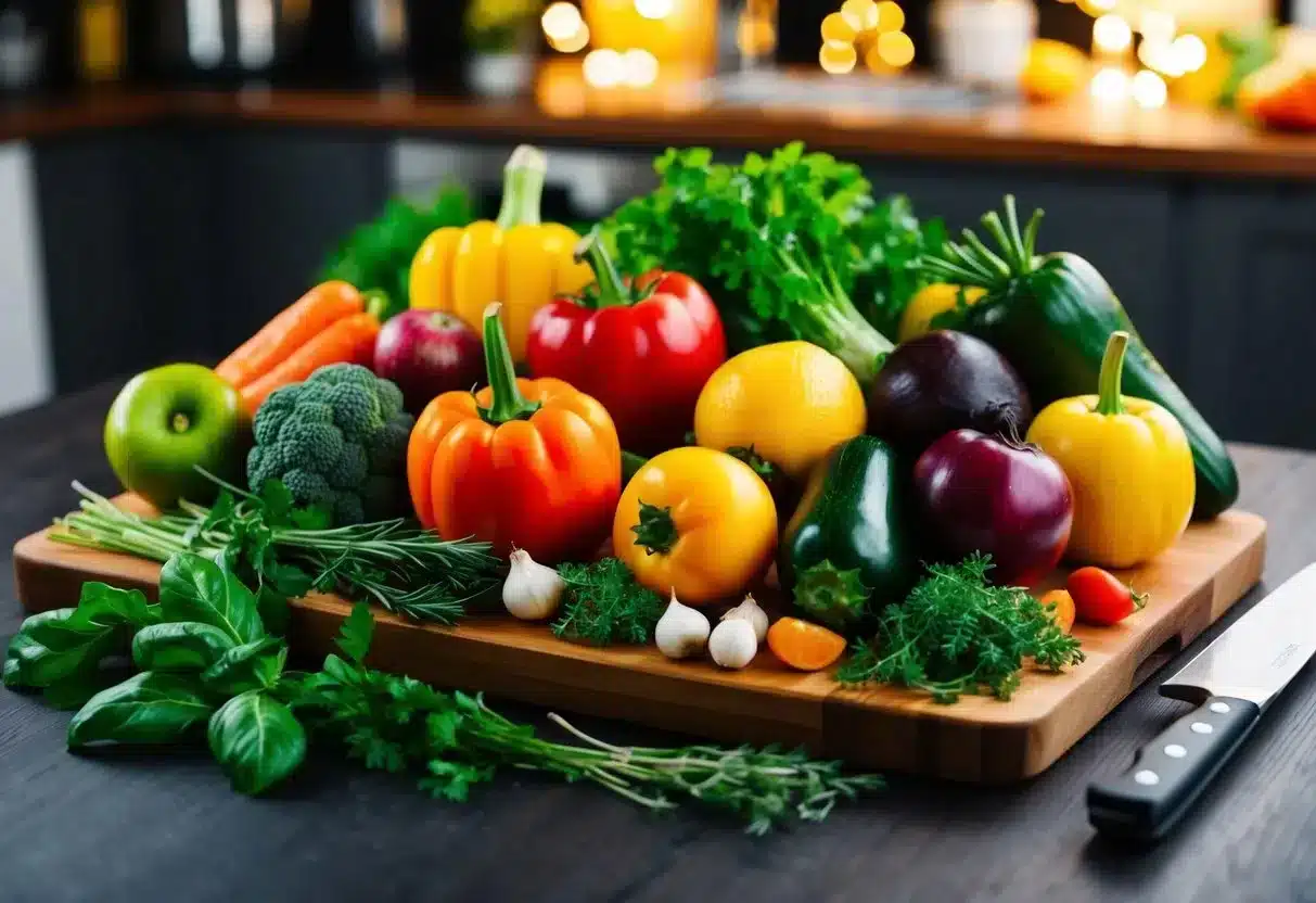 A colorful array of fresh vegetables, fruits, and herbs arranged on a wooden cutting board, with a chef's knife nearby