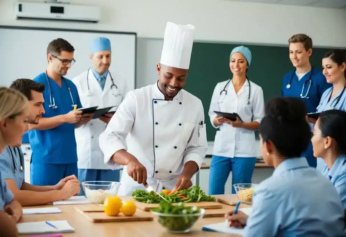 A chef preparing fresh, colorful ingredients with a stethoscope nearby