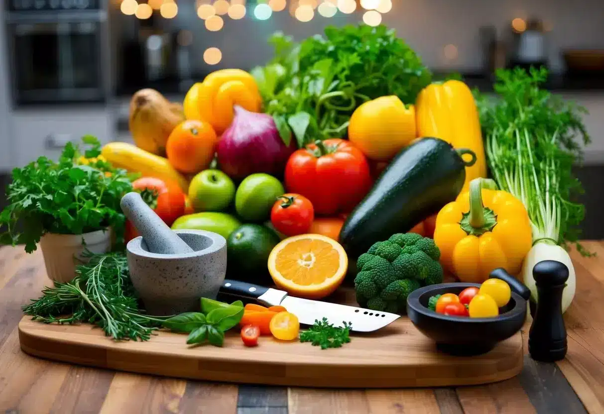 A colorful array of fresh fruits, vegetables, and herbs arranged on a wooden cutting board, with a chef's knife and mortar and pestle nearby