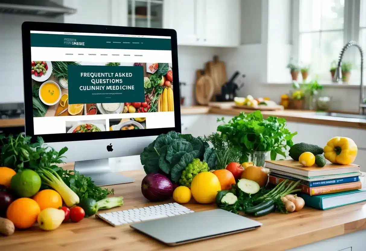 A kitchen table with a variety of fresh fruits, vegetables, and herbs, alongside a stack of recipe books and a computer displaying a website titled "Frequently Asked Questions Culinary Medicine."
