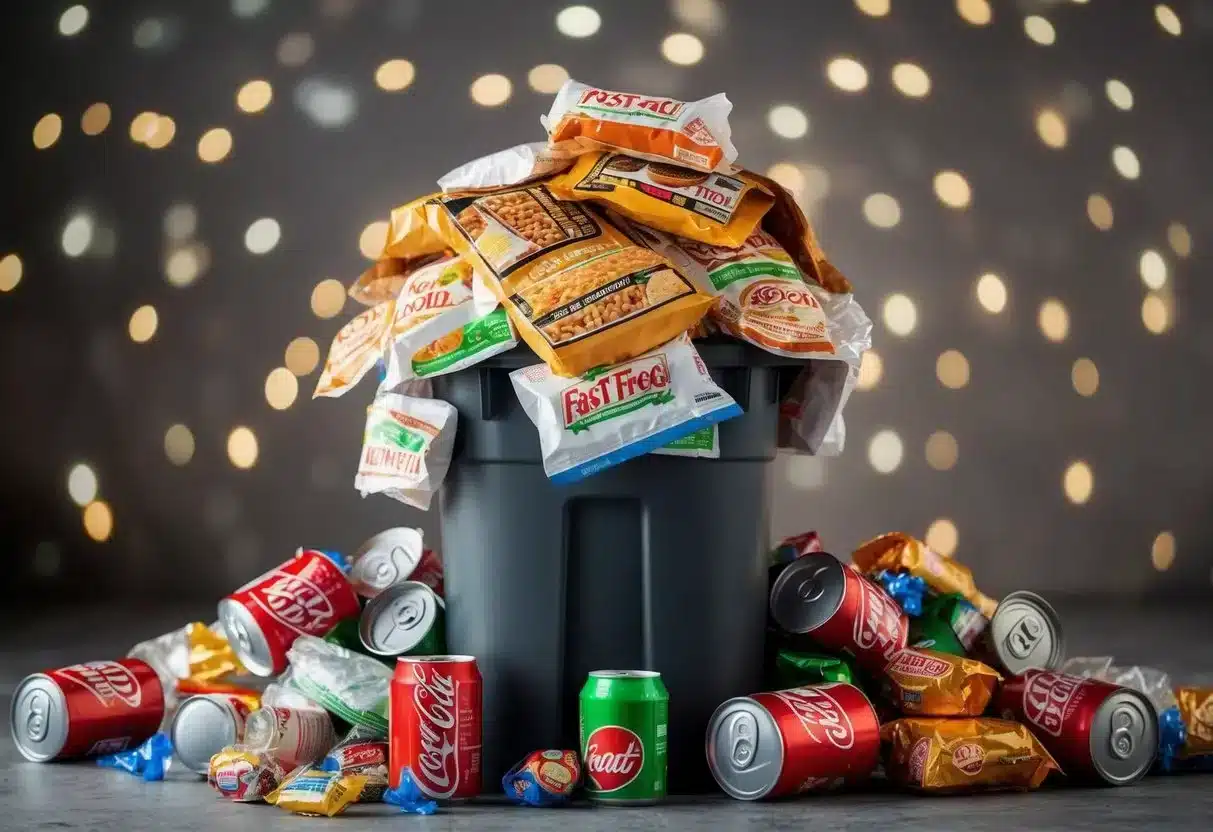 A pile of fast food wrappers and processed food packaging overflowing from a trash bin, surrounded by empty soda cans and candy wrappers