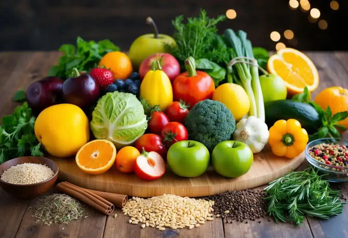 A colorful array of fresh fruits, vegetables, and whole grains arranged on a wooden cutting board, surrounded by herbs and spices