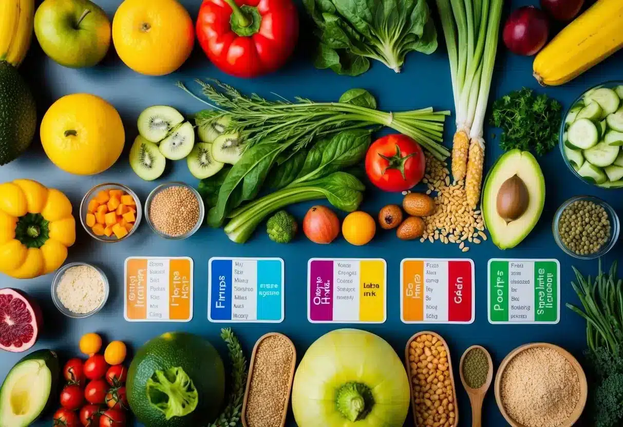 A colorful array of fruits, vegetables, grains, and proteins arranged on a table, with nutritional information displayed alongside each food item
