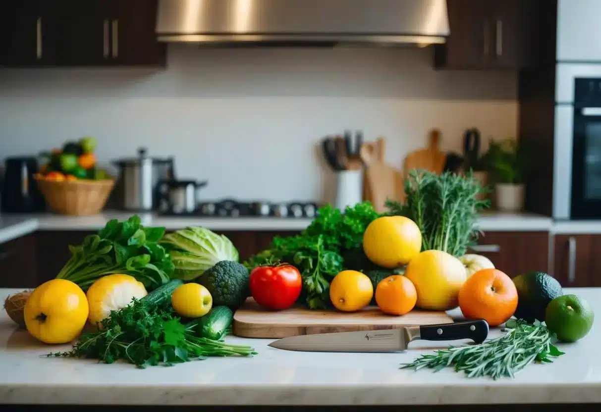A kitchen filled with fresh fruits, vegetables, and herbs. A chef's knife and cutting board sit on the counter, ready for use