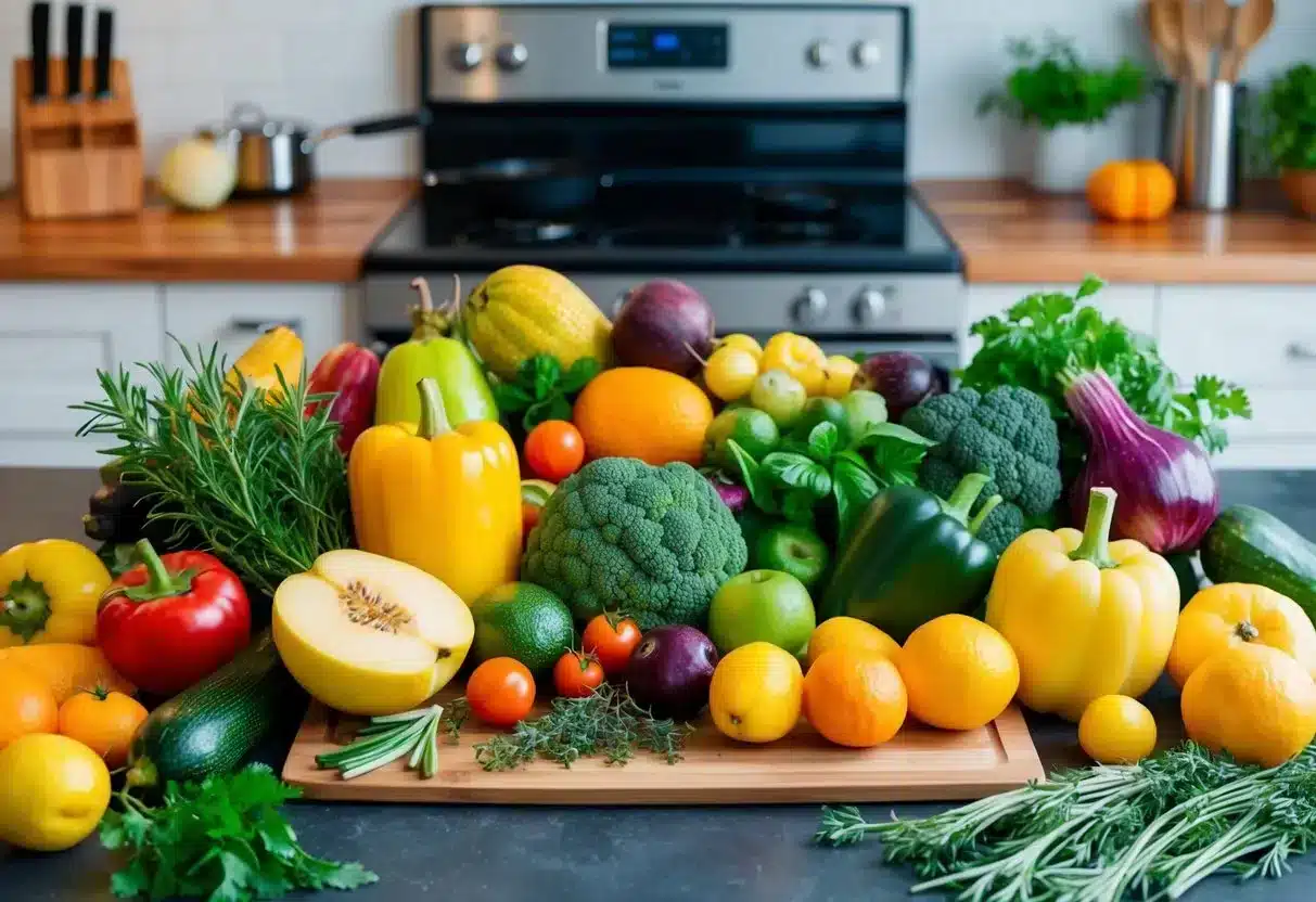 A colorful array of fresh fruits, vegetables, and herbs arranged on a wooden cutting board, surrounded by cooking utensils and a stovetop