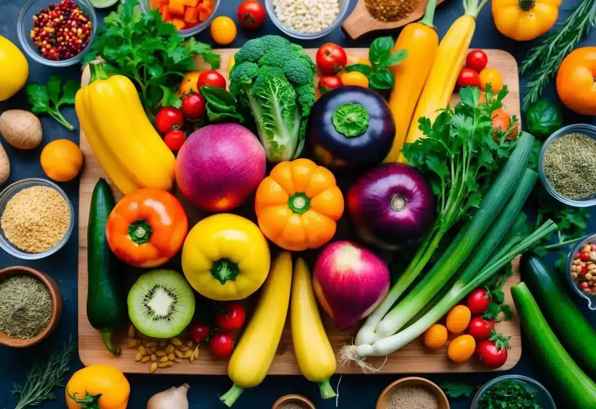 A colorful array of fresh fruits and vegetables arranged on a wooden cutting board, surrounded by various herbs, spices, and whole grains