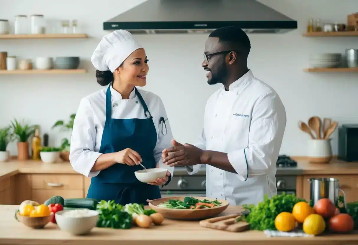 A doctor and chef collaborate in a kitchen, surrounded by fresh ingredients and cooking utensils, discussing the role of culinary medicine in primary care