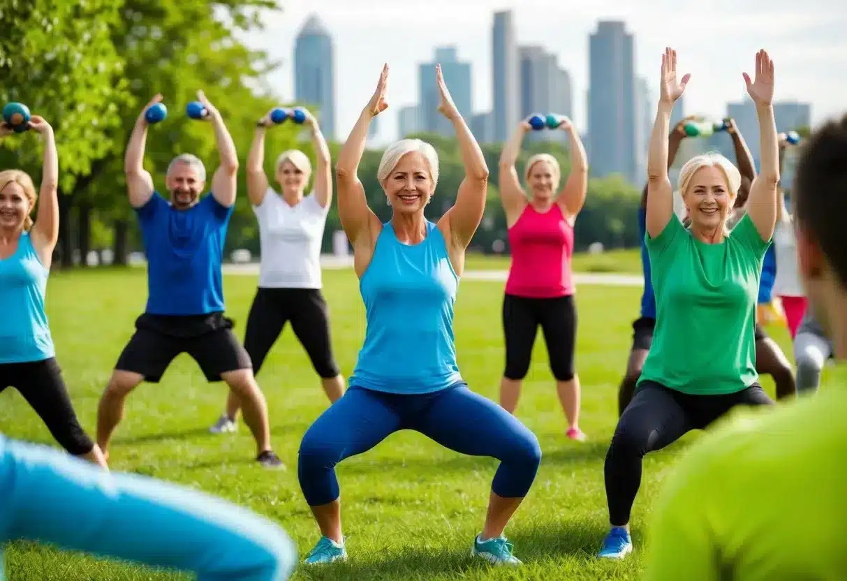 A diverse group of people engage in various physical activities outdoors, surrounded by greenery and cityscape, promoting the Exercise is Medicine initiative