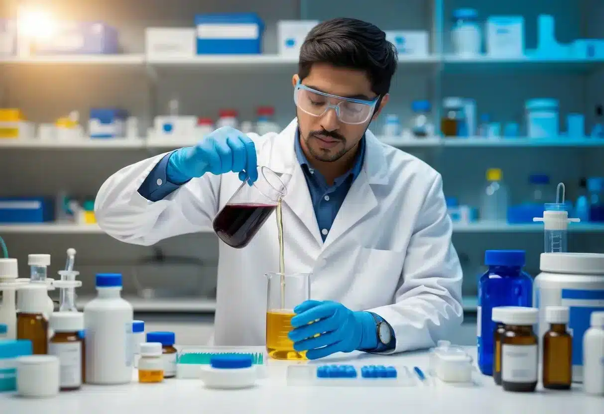 A scientist in a lab coat pouring liquid from one beaker to another, surrounded by various scientific equipment and pharmaceutical products