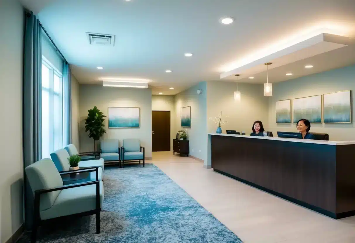 A serene waiting room with modern decor, comfortable seating, and soft lighting. A reception desk with friendly staff and a calm, welcoming atmosphere