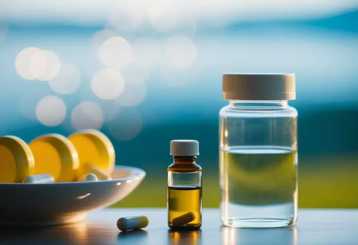A serene, tranquil setting with a pill bottle, a glass of water, and a peaceful environment