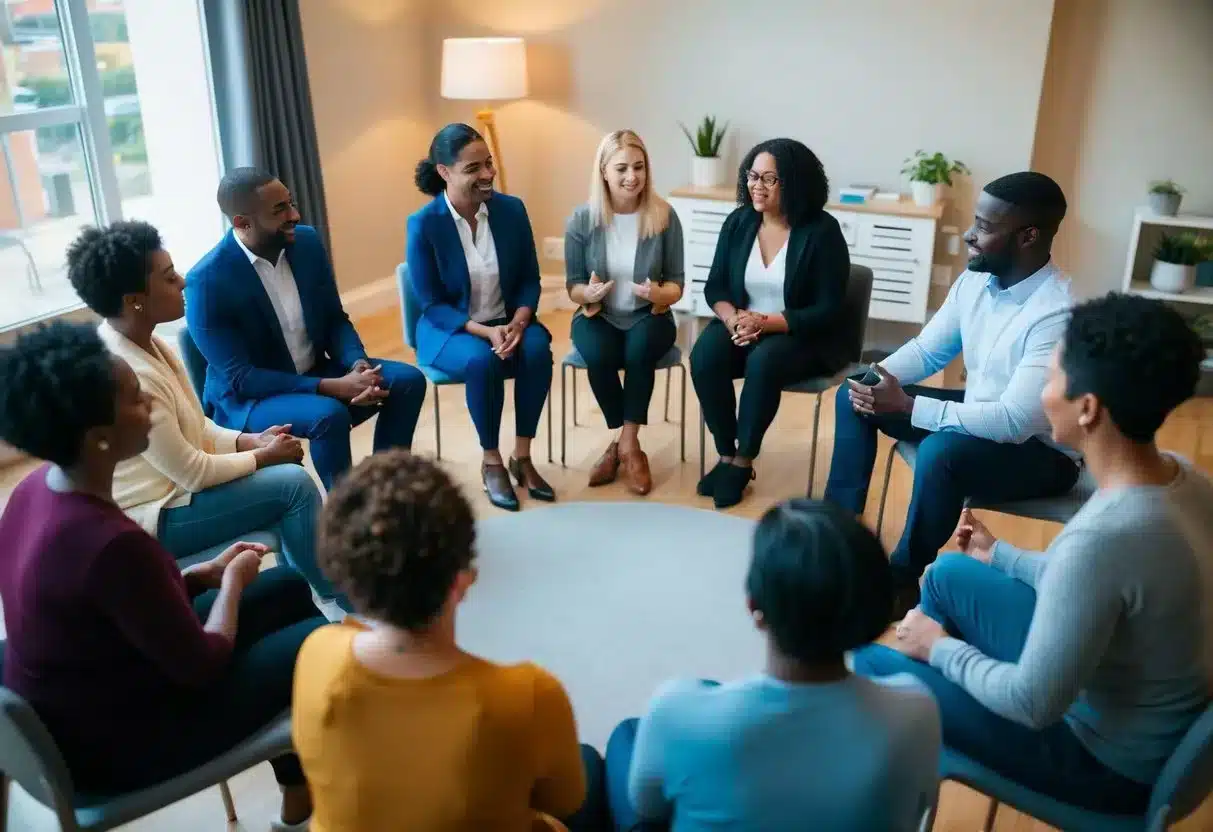 A group of diverse people engage in a supportive therapy session, sitting in a circle and sharing their experiences with anxiety and depression