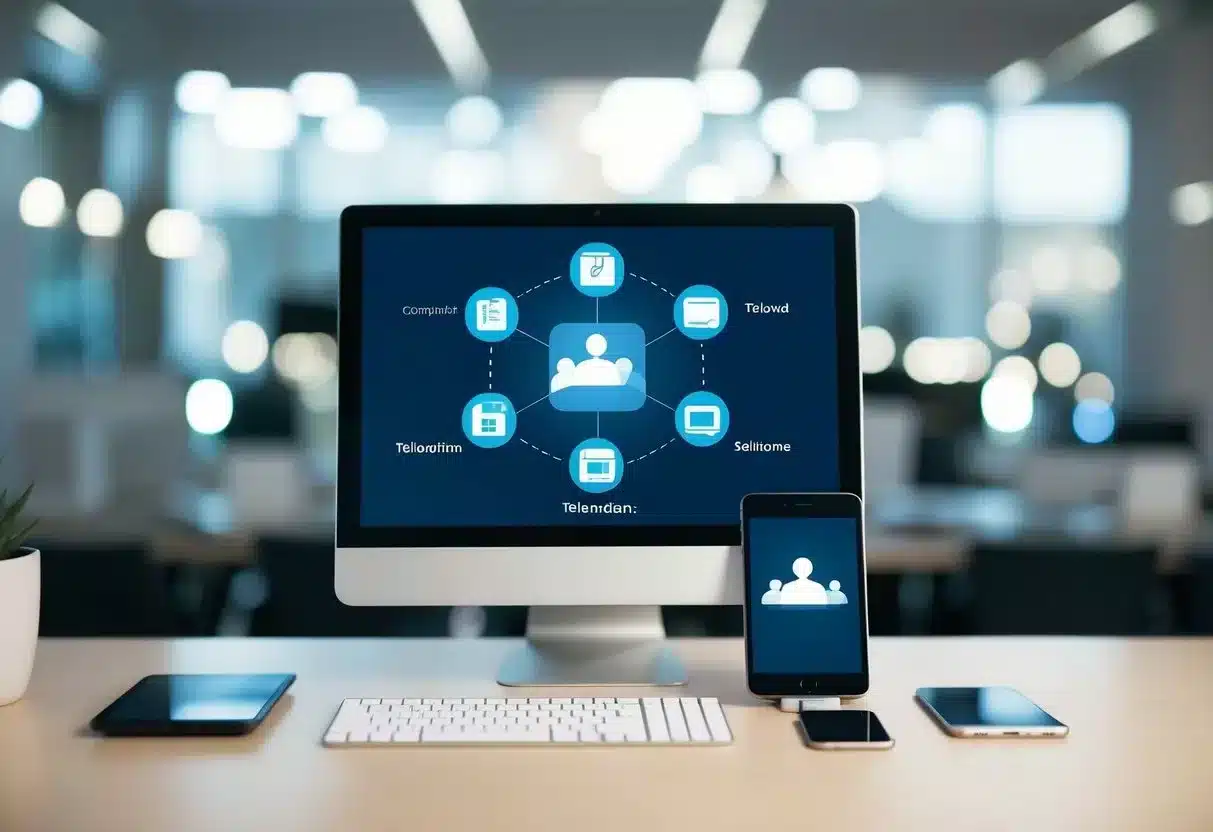 A modern, sleek telemedicine setup with a computer, tablet, and smartphone connected to a central hub, representing the evolution of telemedicine solutions