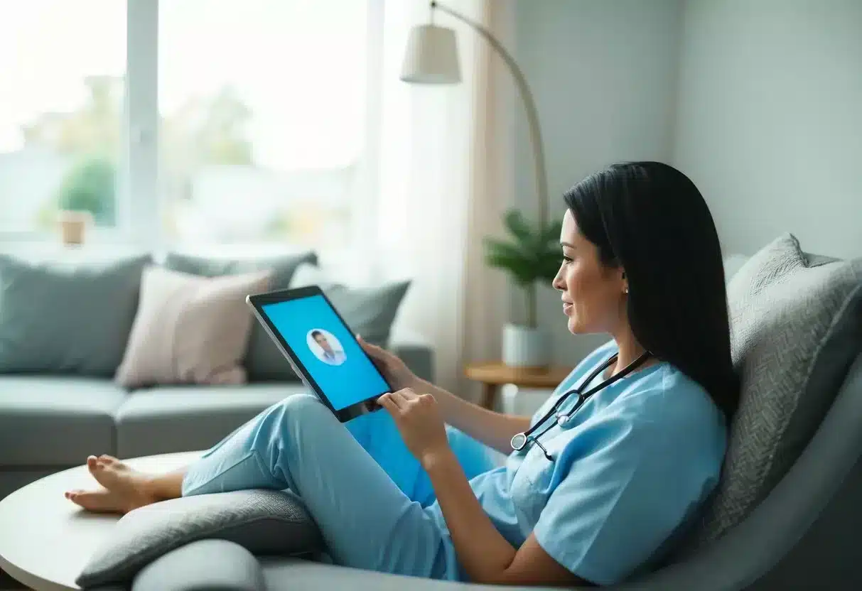 A person sitting comfortably at home, using a tablet or computer to connect with a healthcare provider through a telehealth platform