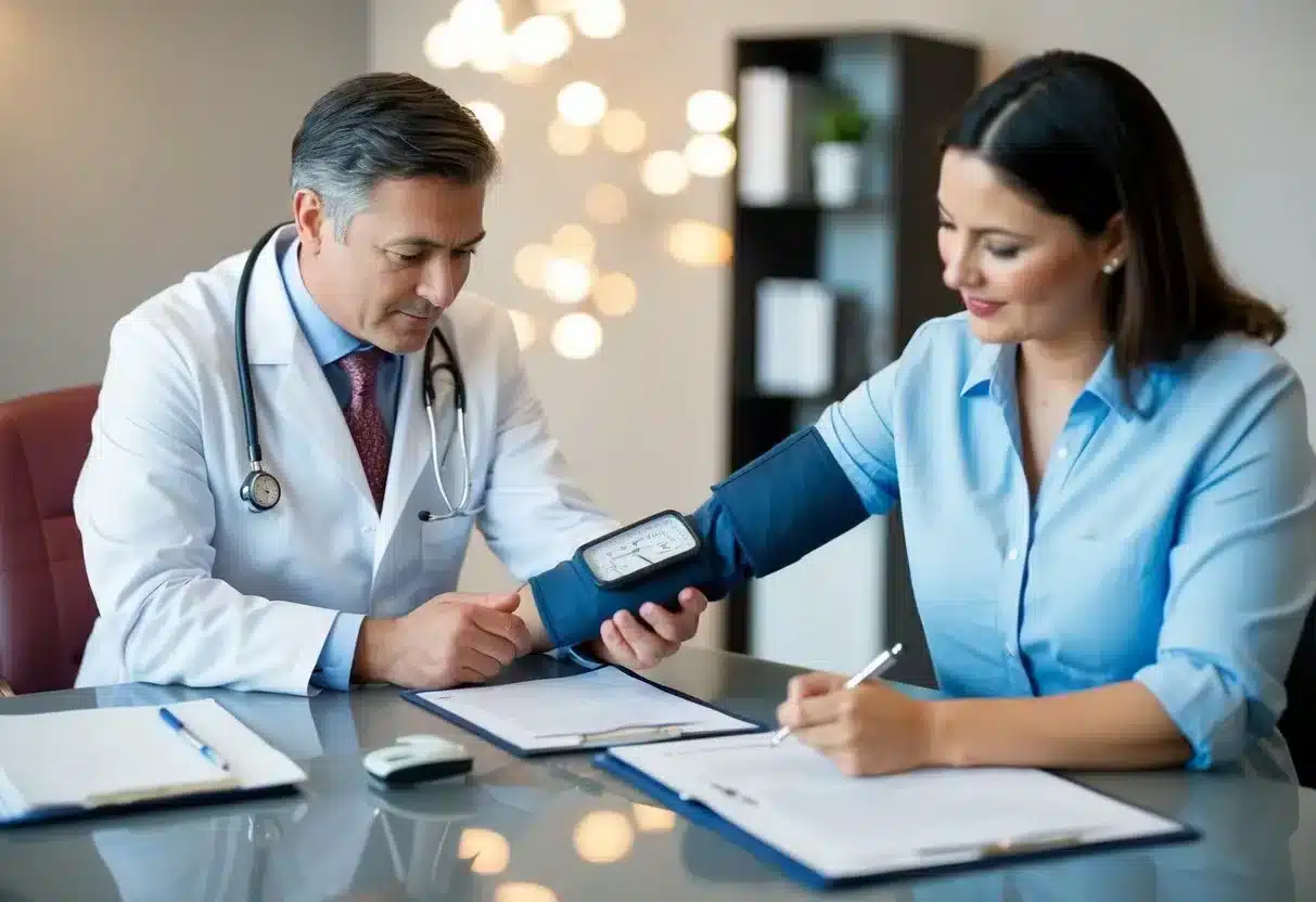 A doctor in a white coat examines a client's blood pressure, while another client fills out paperwork at a desk