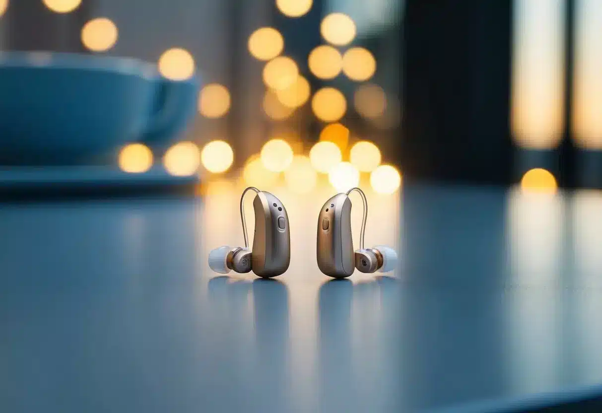 A pair of advanced hearing aids sitting on a sleek modern table, with a soft glow emanating from their small, discreet designs