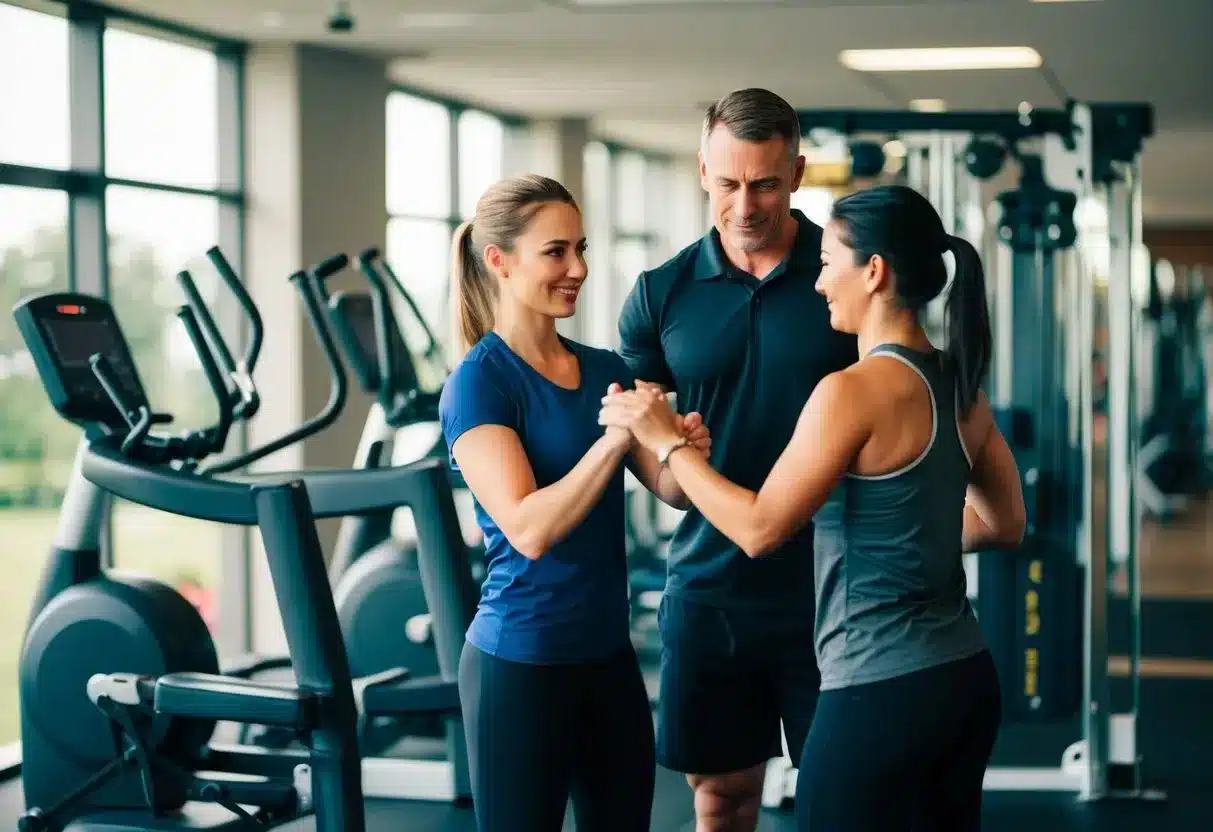 A gym with modern exercise equipment and a personal trainer assisting a client