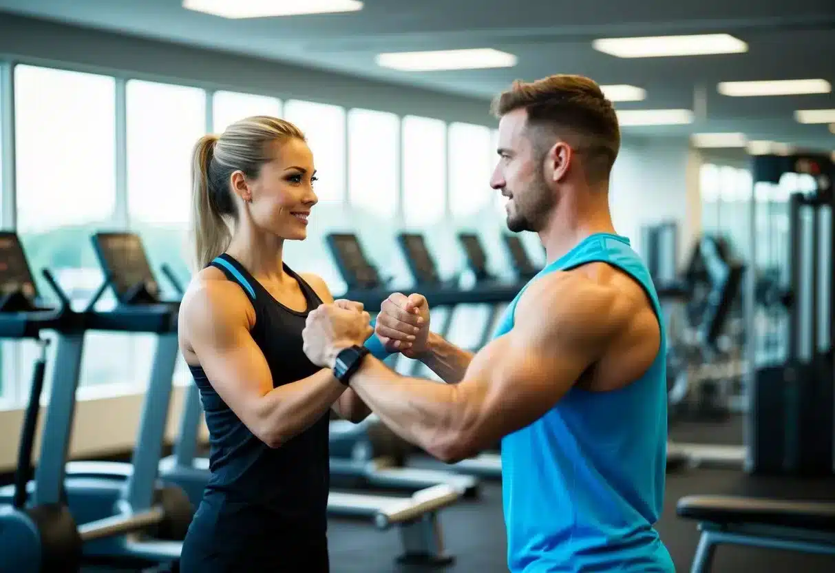 A fitness trainer guiding a client through a workout routine in a well-equipped gym