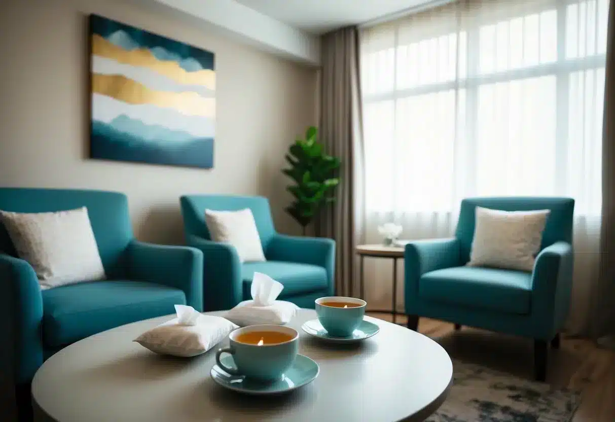 A serene room with comfortable seating, soft lighting, and calming decor. A table is set with tea and tissues, creating a welcoming atmosphere for counseling and support