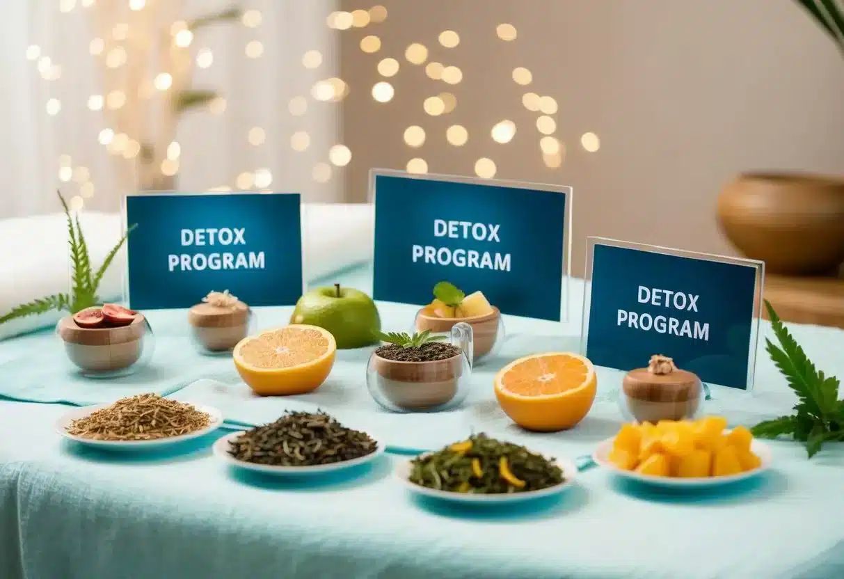 A serene spa-like setting with various detox program options displayed on a clean, organized table. Fresh fruits and herbal teas are visible, creating a calming atmosphere