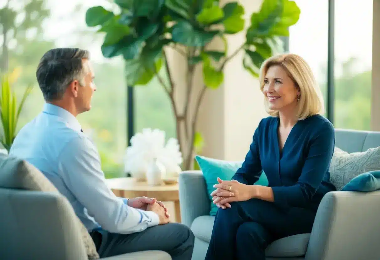 A serene setting with a counselor and client engaging in conversation, surrounded by calming elements such as nature, soft lighting, and comfortable seating