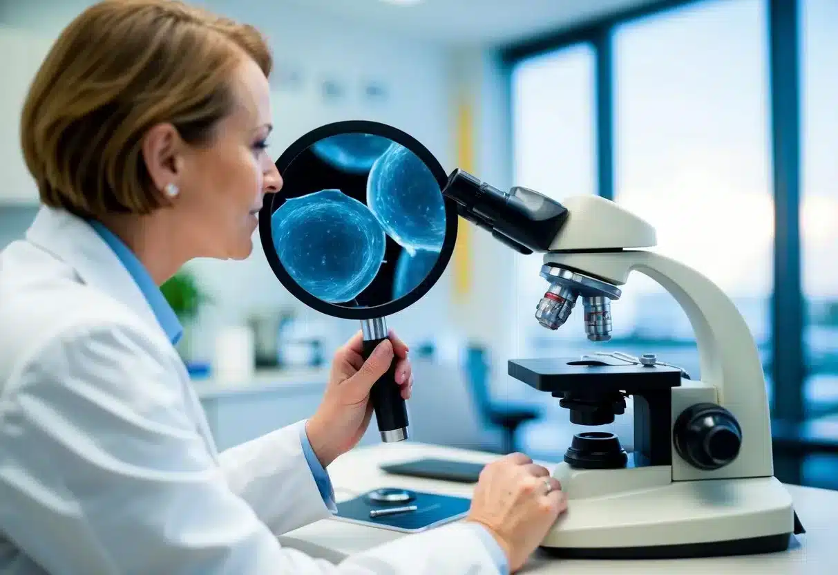A dermatologist examining a magnified image of skin cells under a microscope in a clinical setting