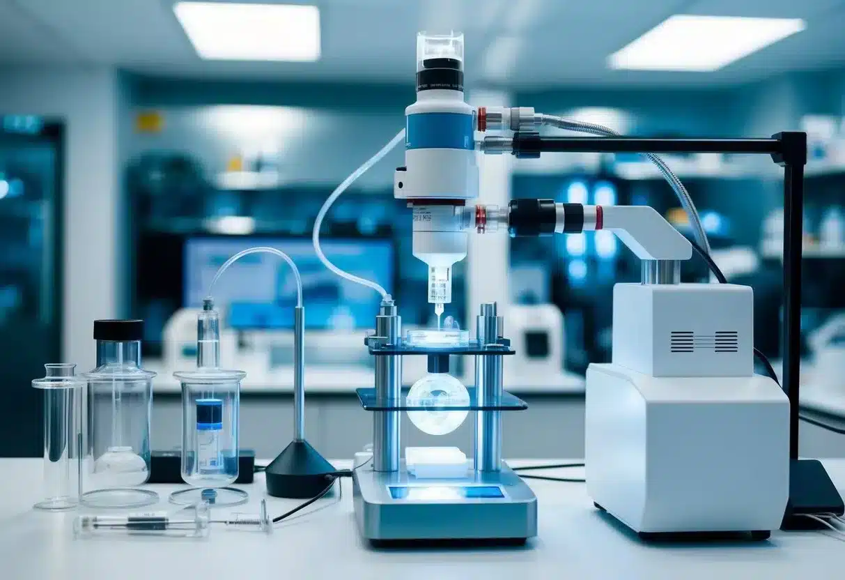 A laboratory setting with futuristic equipment and technology, showcasing the process of biohacking for longevity