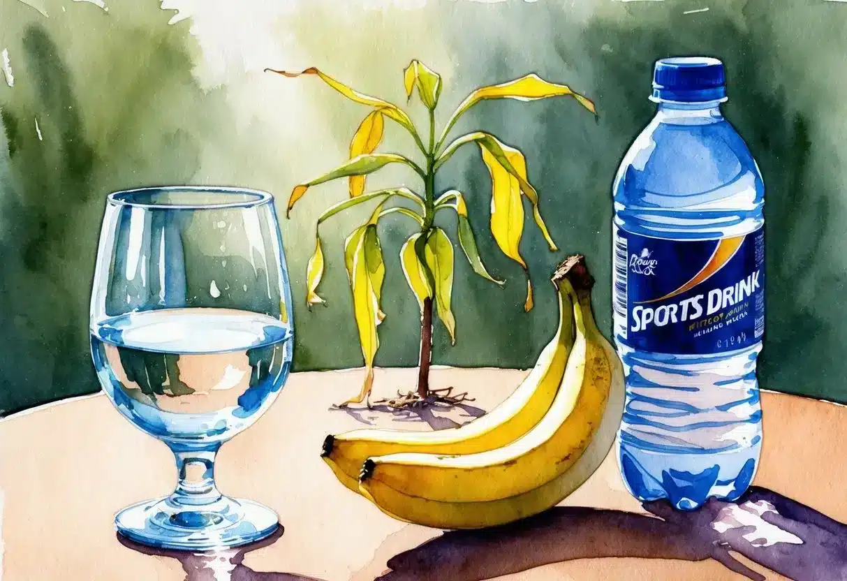 A glass of water sits next to a banana and a bottle of sports drink on a table. A wilted plant droops in the background