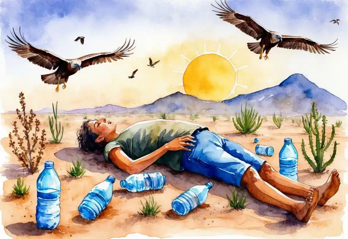 A person collapses in the desert, surrounded by empty water bottles and wilting plants. The sun beats down as vultures circle overhead