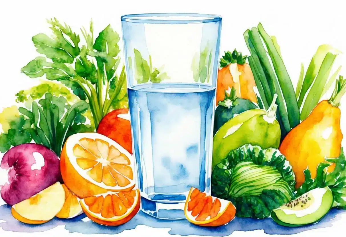 A glass of water with various fruits and vegetables surrounding it, representing a balanced diet for maintaining healthy electrolyte levels