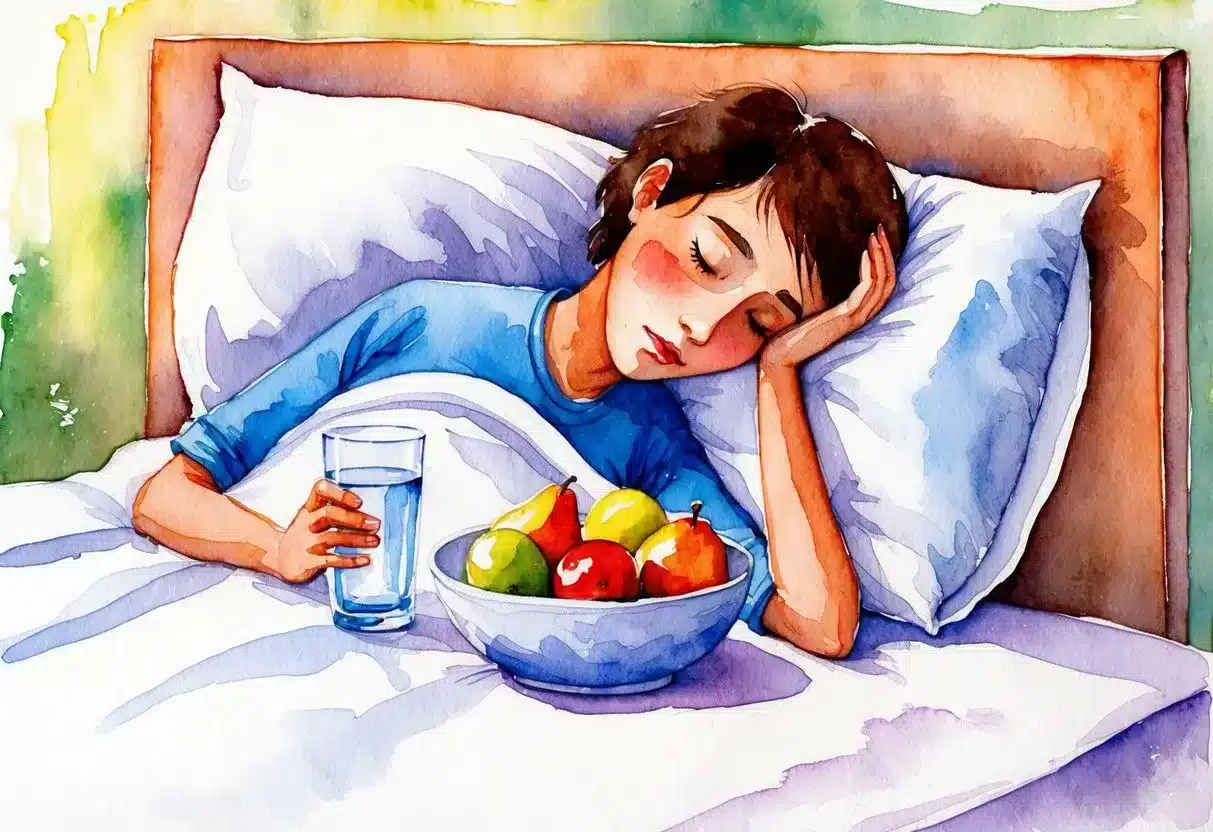 A person lying in bed with a glass of water and a bowl of fruits, looking tired and weak