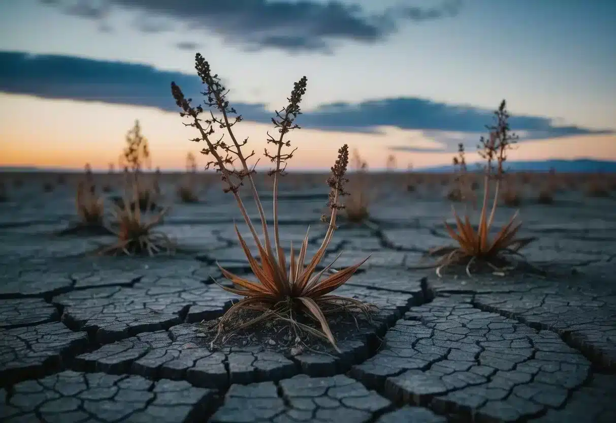 A barren landscape with withered plants and cracked soil, under a dimly lit sky