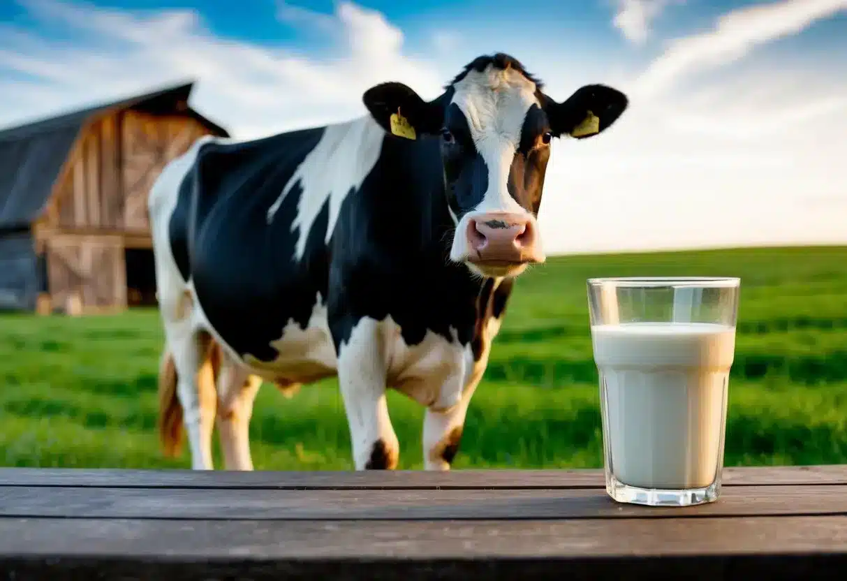 A cow standing in a green pasture, with a rustic barn in the background, and a clear glass of raw milk on a wooden table