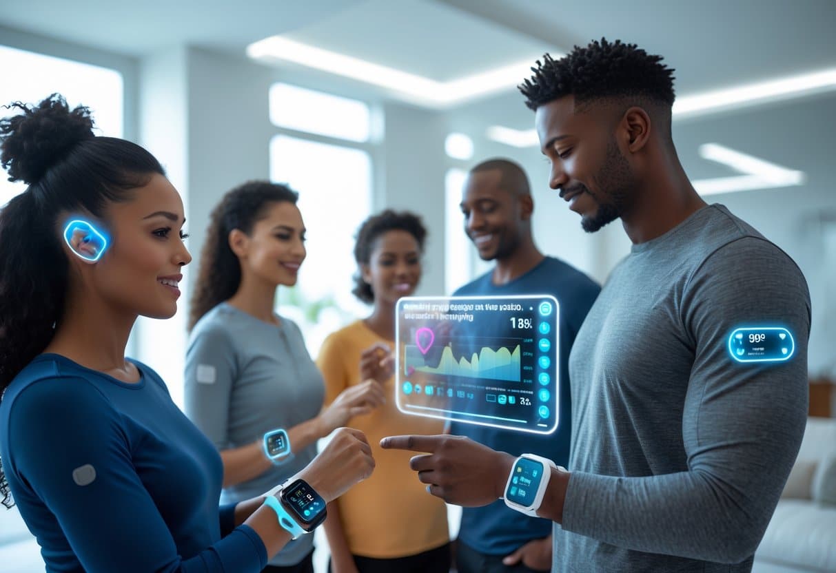A group of adults wearing advanced wearable devices monitoring their health data in a modern indoor setting.