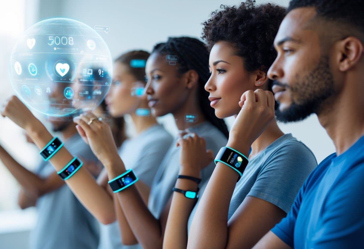 Close-up of people wearing modern smartwatches and fitness bands with visible sensors, showing health data projections above the devices.