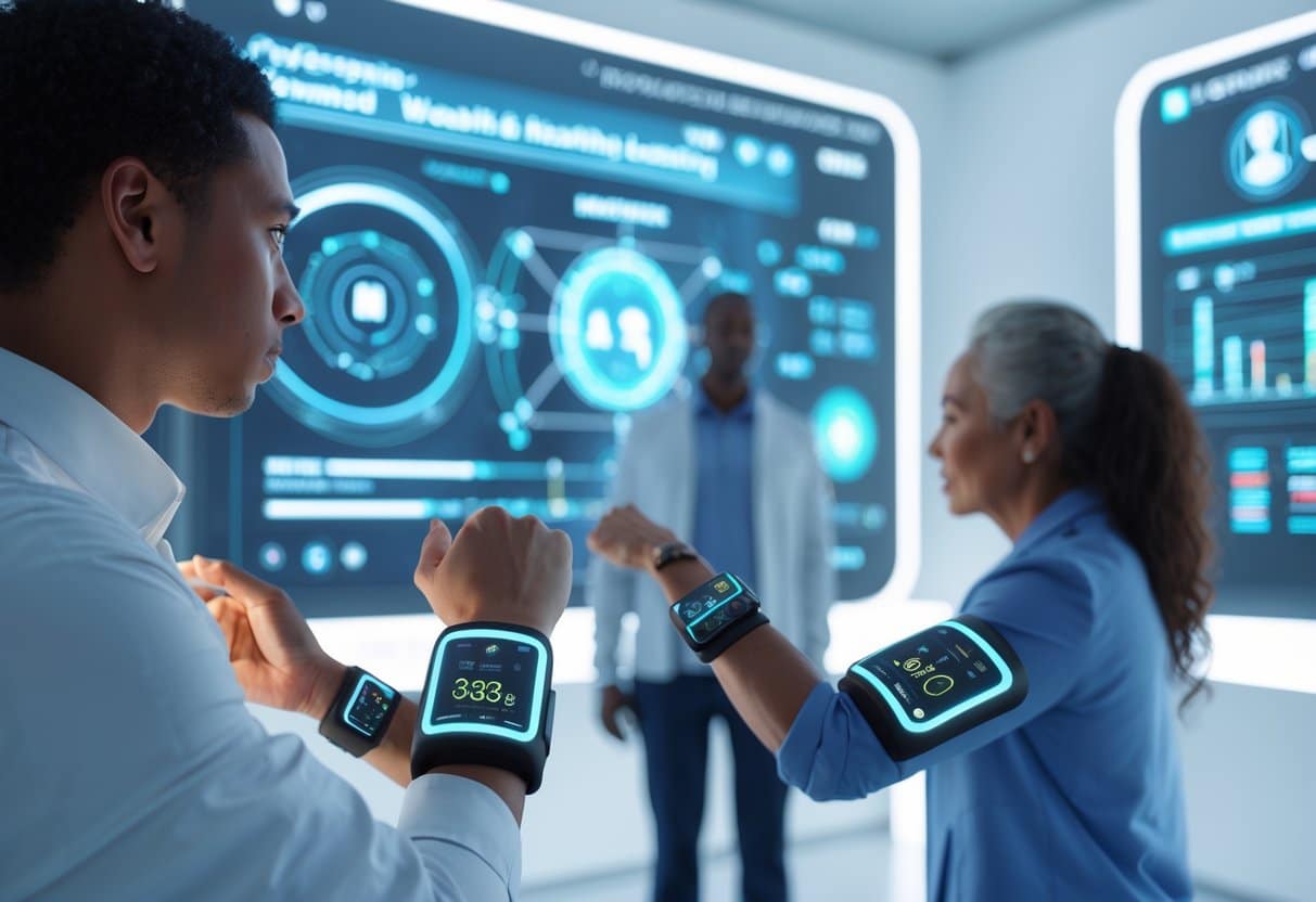 Two people wearing modern wearable devices with glowing biometric displays, standing in a bright high-tech environment with digital data visuals in the background.