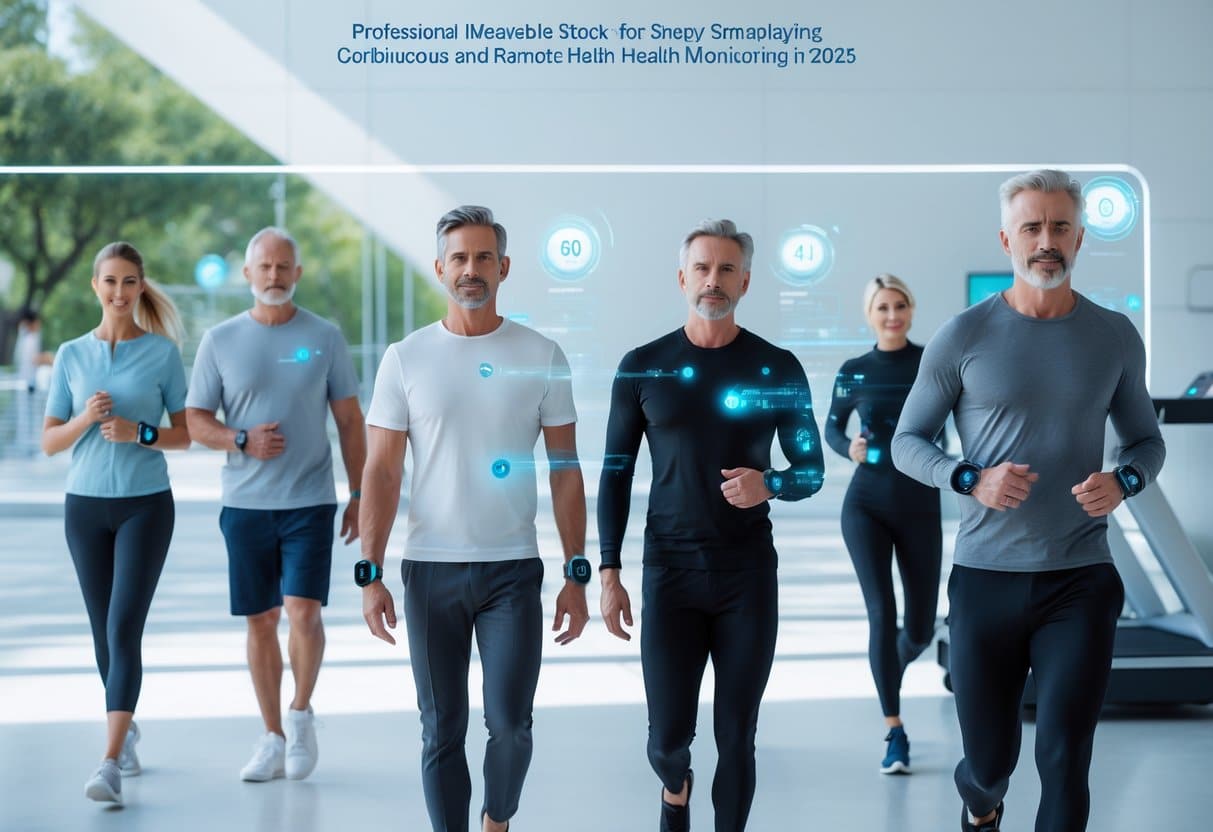 People wearing modern wearable health devices while walking, working, and exercising in various everyday settings.