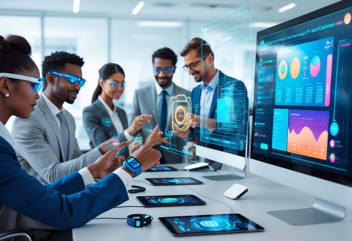 A group of professionals using advanced wearable devices and interacting with floating digital screens showing real-time health data in a bright modern office.