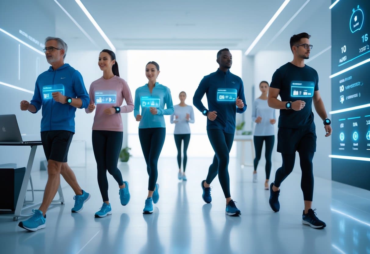 People wearing advanced wearable devices monitoring health metrics while engaging in daily activities in a modern setting.