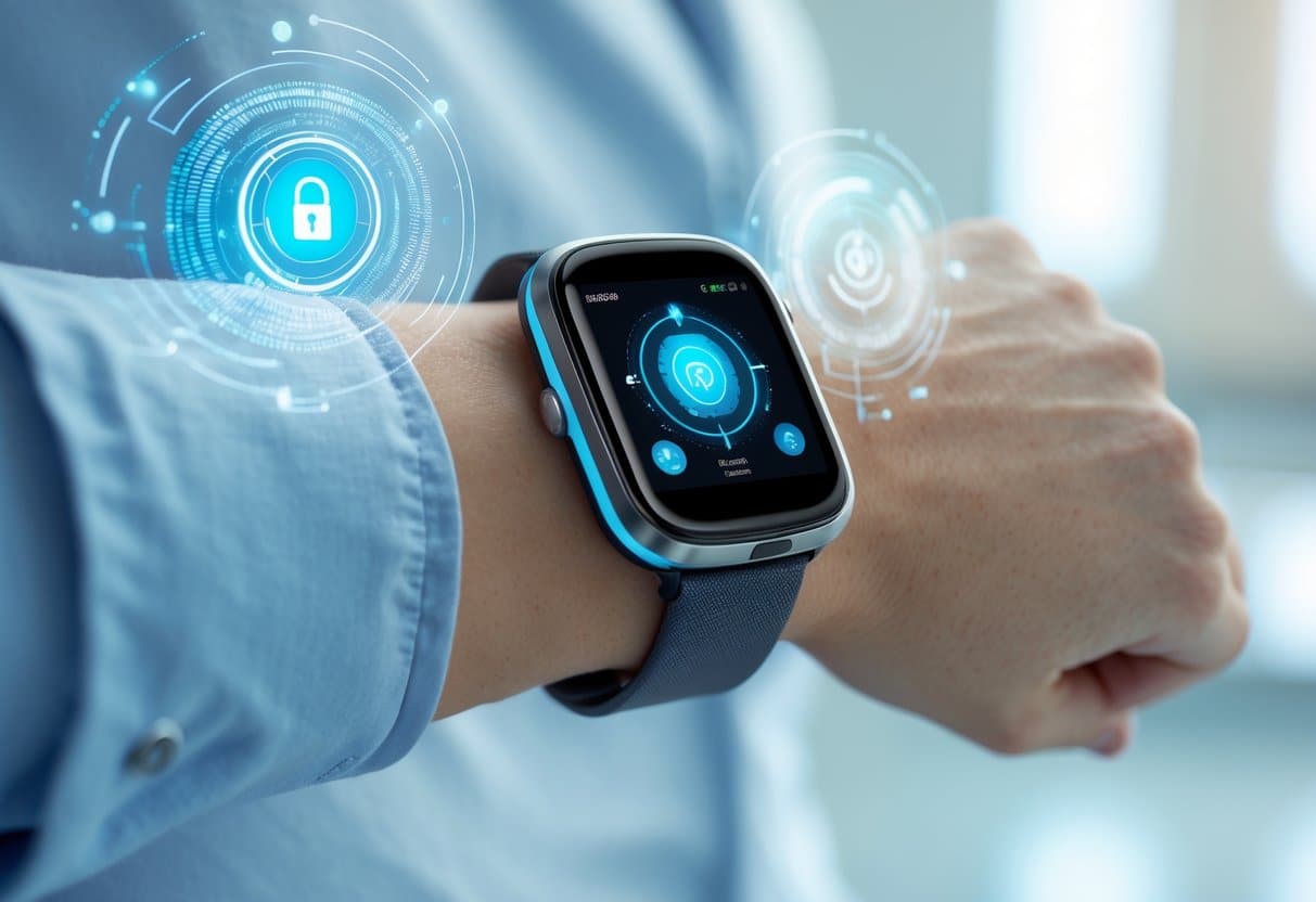 Close-up of a person wearing a modern health monitoring wrist device with visible sensors and a digital display, showing interaction with the wearable technology.