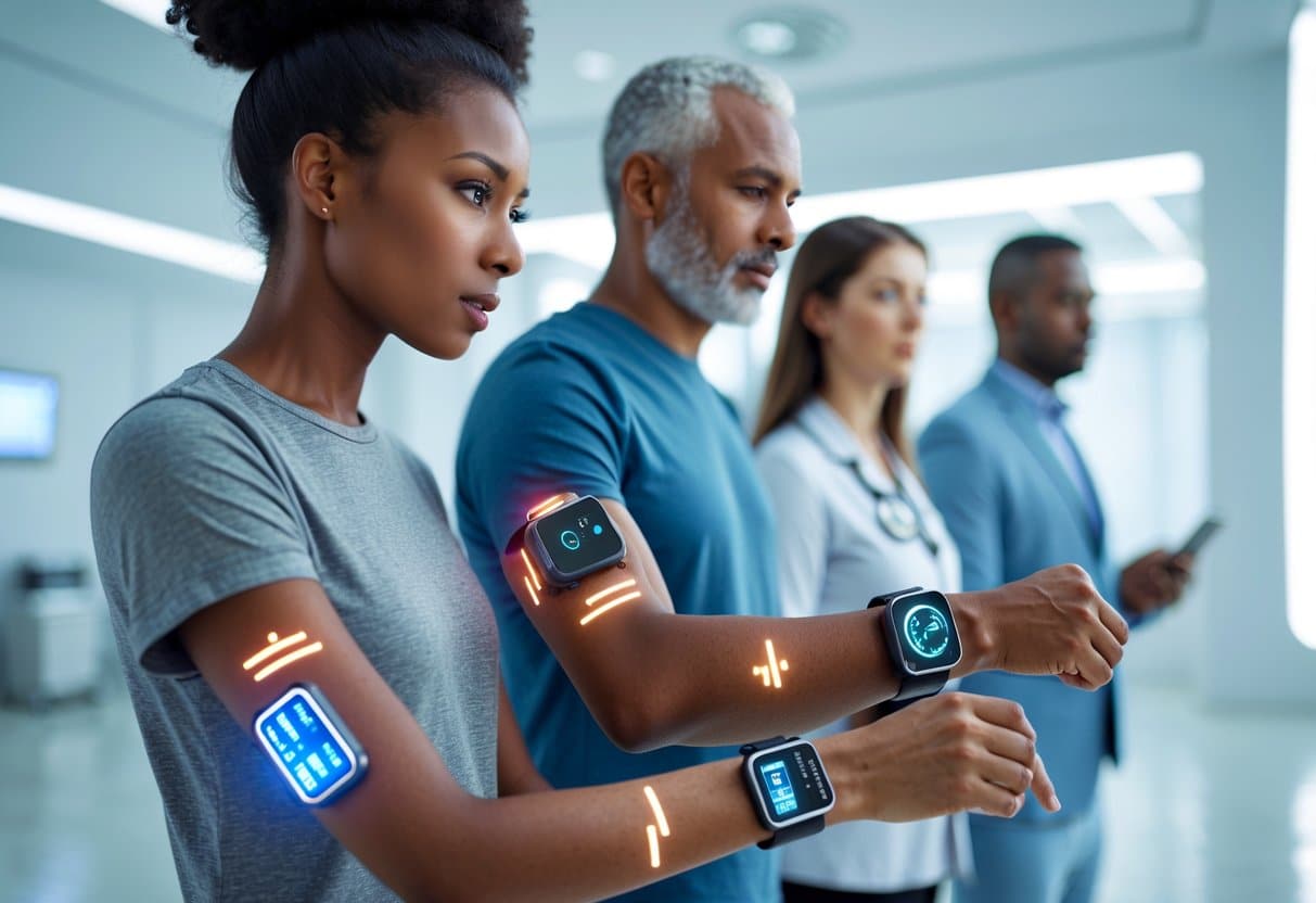People wearing modern wearable devices like smartwatches and health patches in a bright, futuristic medical environment.