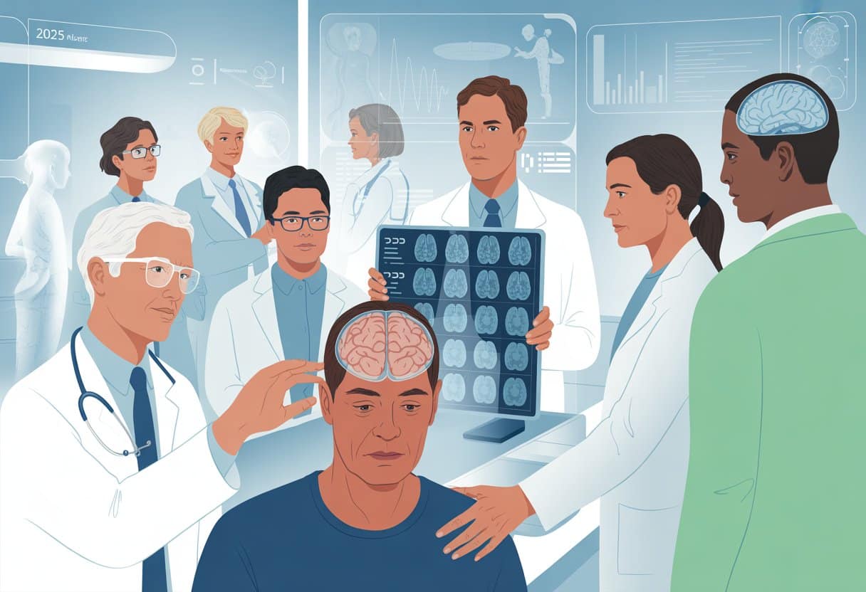 Medical professionals examining advanced brain scans in a modern clinic while a patient undergoes a brain scan, highlighting early dementia detection.