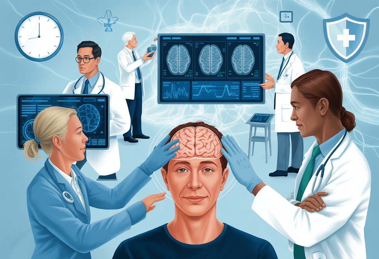 Medical professionals examining brain scans and a person receiving a brain scan, symbolizing early dementia diagnosis and intervention.