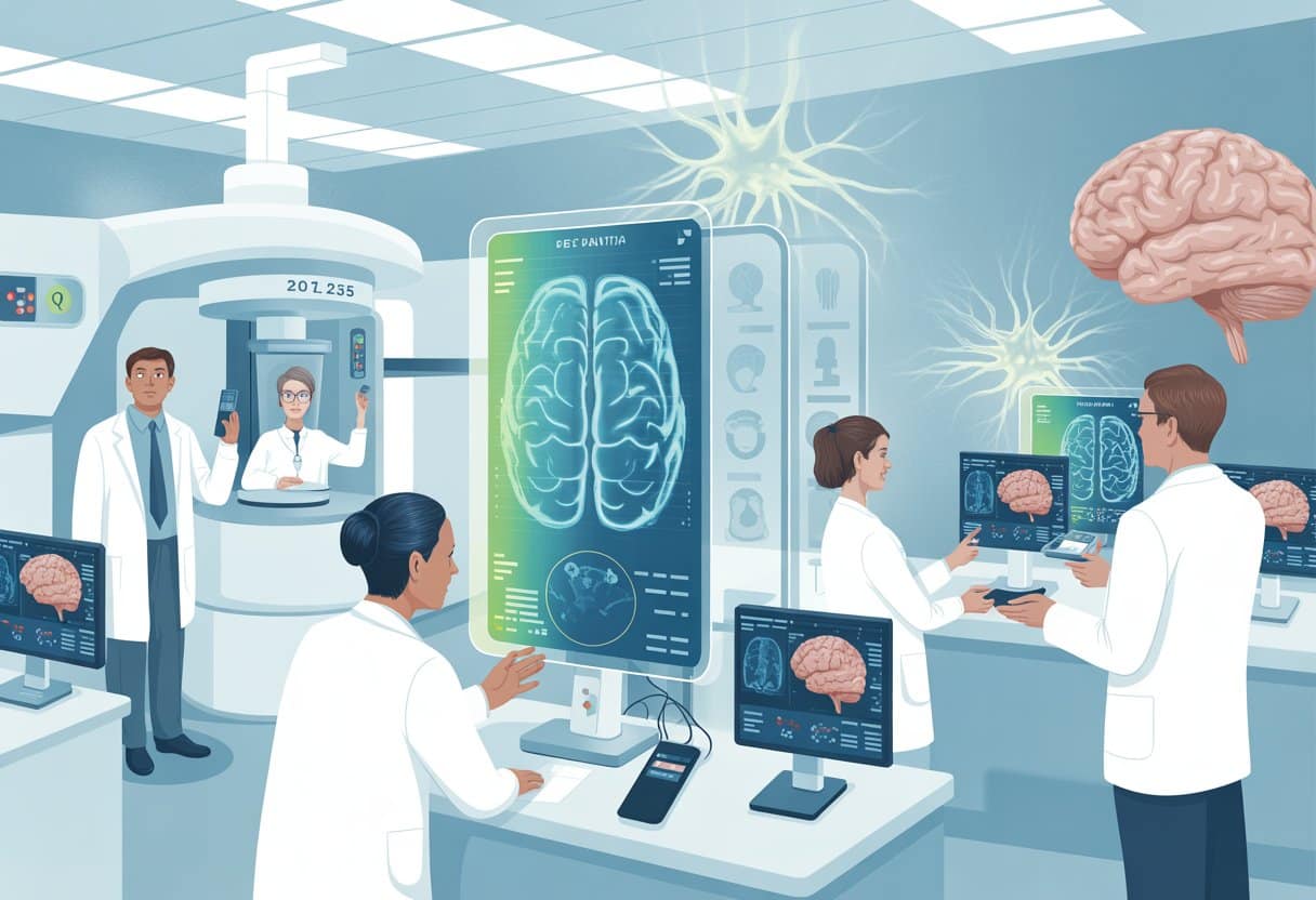 A futuristic medical lab where healthcare professionals use advanced digital devices and holographic screens to analyze brain scans for early dementia detection.