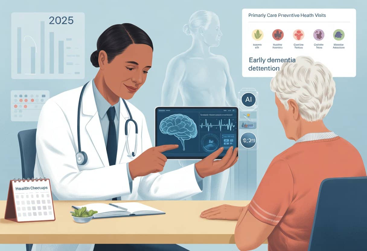 A doctor consulting an elderly patient in a medical office with digital health charts and advanced medical technology visible in the background.