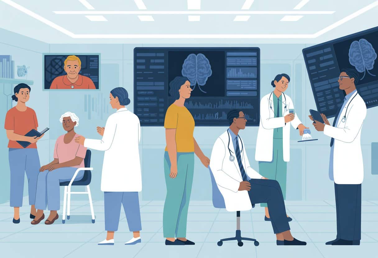 Healthcare professionals conducting early dementia assessments and community outreach to address health disparities and risk factors.