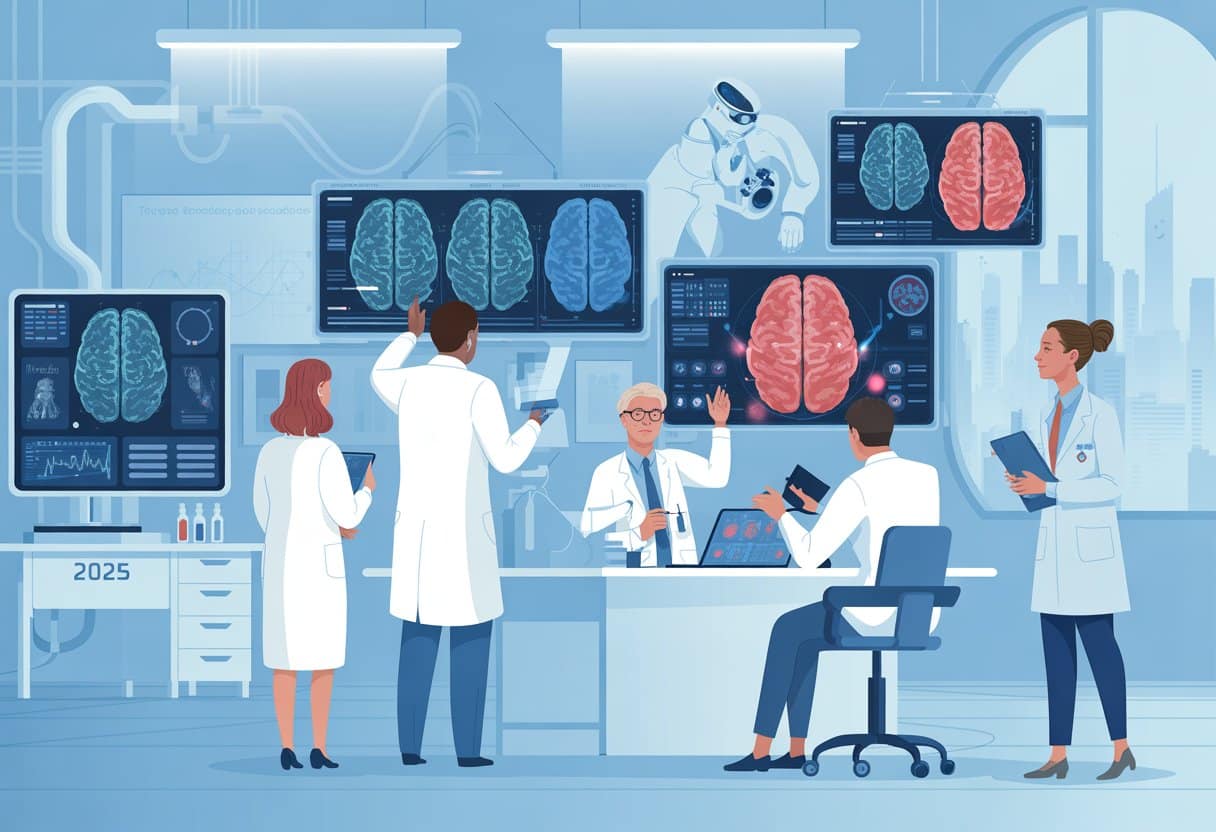 Medical researchers examining brain scans and digital data in a modern lab focused on early dementia detection and prevention.