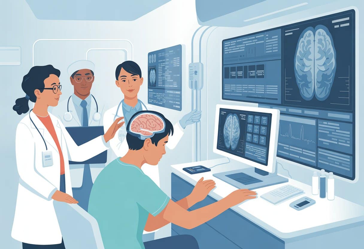 Medical professionals examining brain scans on digital screens while a middle-aged person undergoes a brain scan in a modern healthcare setting.