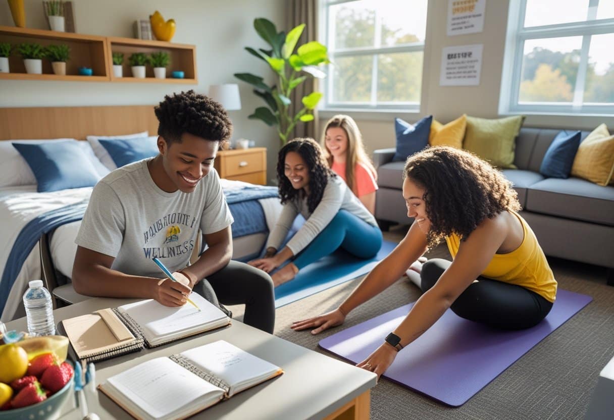 First-year college students in a dorm room working on wellness activities like journaling and stretching with healthy snacks and a laptop nearby.